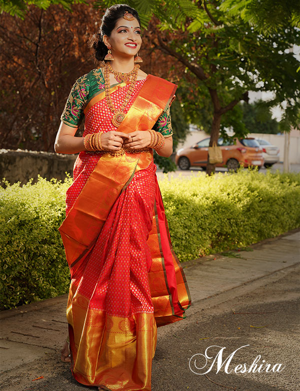 Regal and original polka zari kanchivaram in bridal red colour and big ...