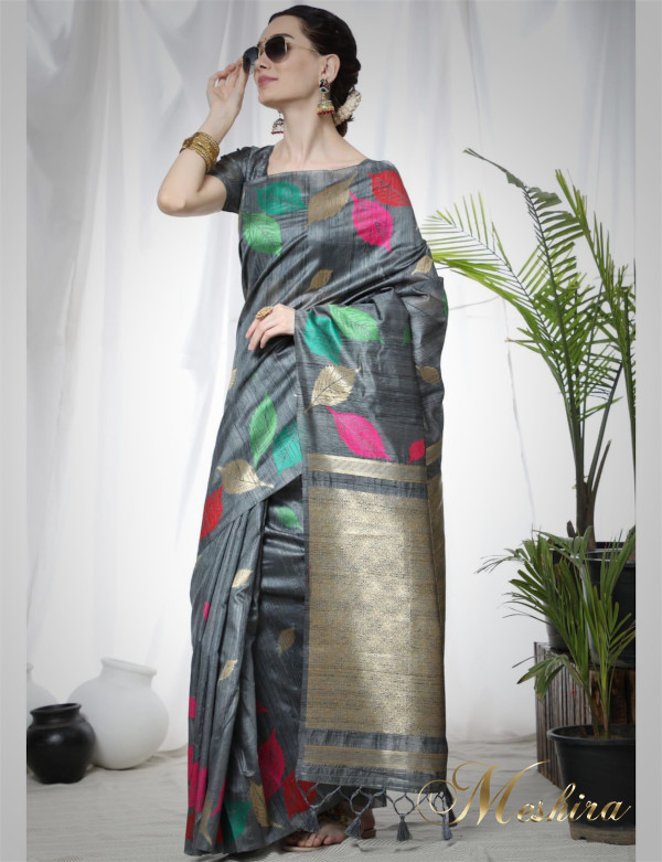 Semi raw silk saree grey with allover butta prints and temple design z –  Cherrypick